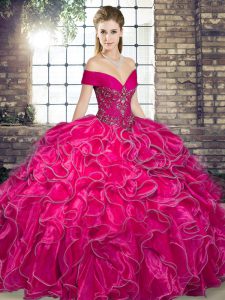 Off The Shoulder Sleeveless Organza Ball Gown Prom Dress Beading and Ruffles Lace Up