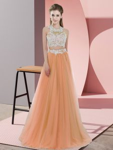 Noble Halter Top Sleeveless Dama Dress for Quinceanera Floor Length Lace Orange Tulle