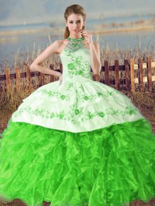Halter Top Sleeveless Quinceanera Dress Court Train Embroidery and Ruffles Organza
