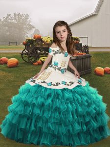 Teal Ball Gowns Straps Sleeveless Organza Floor Length Lace Up Embroidery and Ruffled Layers High School Pageant Dress