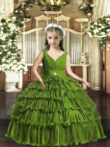 Olive Green Backless V-neck Sleeveless Floor Length Child Pageant Dress Beading and Ruffled Layers