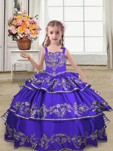 Best Floor Length Purple Little Girls Pageant Gowns Straps Sleeveless Lace Up