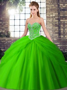 Sleeveless Tulle Brush Train Lace Up Quinceanera Dress in Green with Beading and Pick Ups
