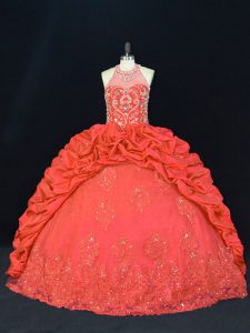 Beauteous Red Ball Gowns Halter Top Sleeveless Taffeta Floor Length Lace Up Beading and Appliques and Embroidery Quince Ball Gowns