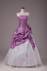 Lovely Strapless Sleeveless 15 Quinceanera Dress Floor Length Embroidery and Pick Ups White And Purple Organza and Taffeta
