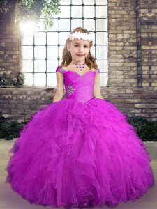Superior Fuchsia Ball Gowns Tulle Straps Sleeveless Beading and Ruffles Floor Length Lace Up Pageant Dress