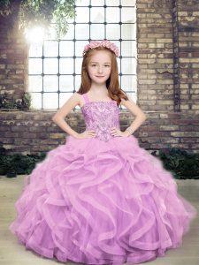 Lavender Ball Gowns Straps Sleeveless Tulle Floor Length Lace Up Beading and Ruffles Little Girls Pageant Dress Wholesale