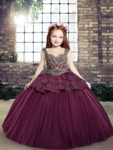 Purple Tulle Lace Up Little Girl Pageant Gowns Sleeveless Floor Length Beading and Appliques