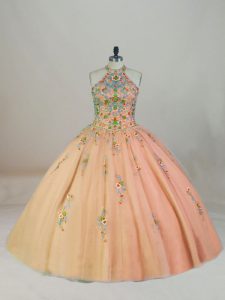 Deluxe Halter Top Sleeveless Tulle Sweet 16 Quinceanera Dress Appliques and Embroidery Brush Train Lace Up