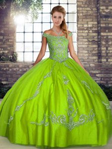 Green Ball Gowns Off The Shoulder Sleeveless Tulle Floor Length Lace Up Beading and Embroidery Sweet 16 Dress