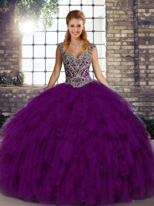 Purple Organza Lace Up Sweet 16 Dresses Sleeveless Floor Length Beading and Ruffles