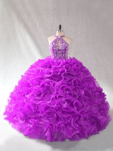 Purple Ball Gowns Beading Womens Party Dresses Lace Up Organza Sleeveless Floor Length