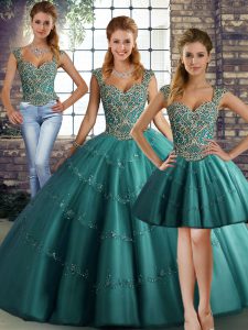 Ideal Beading and Appliques Sweet 16 Dress Teal Lace Up Sleeveless Floor Length