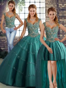 Sleeveless Floor Length Beading and Appliques Lace Up Quinceanera Gowns with Teal