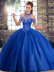 Royal Blue Ball Gowns Tulle Halter Top Sleeveless Beading Lace Up Sweet 16 Dresses Brush Train