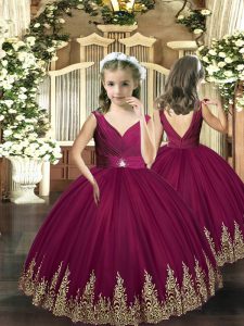 Cute Ball Gowns Little Girls Pageant Dress Burgundy Tulle Sleeveless Floor Length Backless