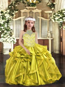 Superior Yellow Green Sleeveless Organza Lace Up Little Girls Pageant Gowns for Party and Wedding Party