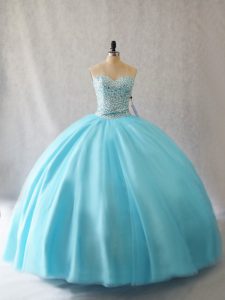 Aqua Blue Tulle Lace Up Sweet 16 Dresses Sleeveless Floor Length Beading