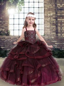 Dazzling Sleeveless Tulle Floor Length Lace Up Child Pageant Dress in Burgundy with Beading and Ruffles