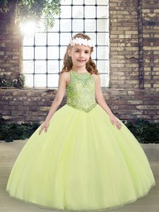 Light Yellow Tulle Lace Up Scoop Sleeveless Floor Length Kids Pageant Dress Beading