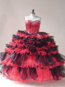 Amazing Sleeveless Floor Length Beading and Ruffled Layers Lace Up Quinceanera Dresses with Red And Black