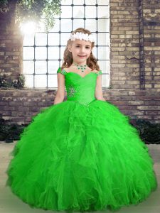 Sleeveless Floor Length Beading and Ruffles Lace Up Pageant Gowns For Girls with Green