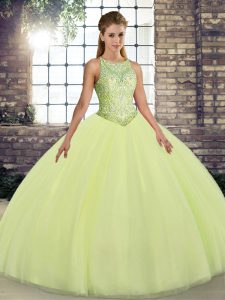 Spectacular Yellow Green Scoop Lace Up Embroidery Quinceanera Dress Sleeveless