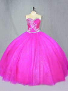 Popular Fuchsia Tulle Lace Up Sweetheart Sleeveless Floor Length Sweet 16 Quinceanera Dress Beading