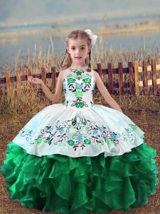 Excellent Sleeveless Floor Length Embroidery and Ruffles Lace Up Little Girls Pageant Dress with Green