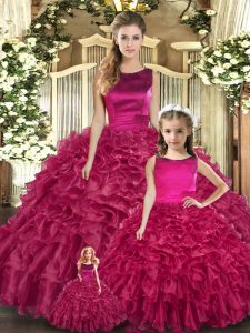 Sleeveless Organza Floor Length Lace Up Quinceanera Gowns in Fuchsia with Ruffles