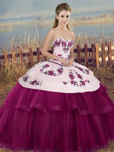 Eye-catching Fuchsia Tulle Lace Up Quinceanera Gown Sleeveless Floor Length Embroidery and Bowknot