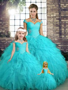 Ideal Aqua Blue Ball Gowns Beading and Ruffles Quinceanera Dress Lace Up Tulle Sleeveless Floor Length