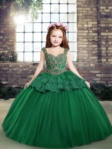 Dark Green Tulle Lace Up Straps Sleeveless Floor Length Pageant Dress for Girls Beading and Lace