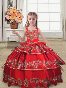Floor Length Ball Gowns Sleeveless Red Little Girl Pageant Dress Lace Up