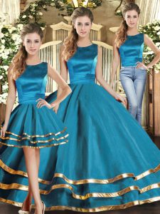 Teal Scoop Lace Up Ruffled Layers Quinceanera Dresses Sleeveless