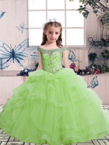 High Quality Yellow Green Ball Gowns Tulle Scoop Sleeveless Beading and Ruffles Floor Length Lace Up Pageant Gowns For Girls