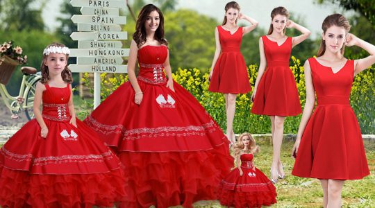 Red Sleeveless Satin and Organza Lace Up Quinceanera Gowns for Sweet 16 and Quinceanera