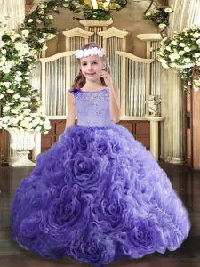 Sleeveless Fabric With Rolling Flowers Floor Length Lace Up Kids Formal Wear in Lavender with Beading