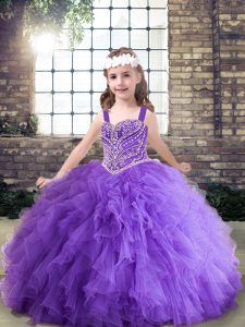 Lavender and Purple Ball Gowns Tulle Straps Sleeveless Beading and Ruffles Floor Length Lace Up Little Girls Pageant Gowns