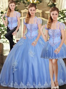 Beautiful Floor Length Lace Up Quinceanera Dress Light Blue for Military Ball and Sweet 16 and Quinceanera with Beading and Appliques