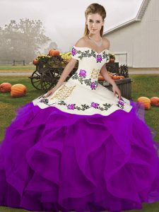 Off The Shoulder Sleeveless Lace Up Ball Gown Prom Dress White And Purple Tulle