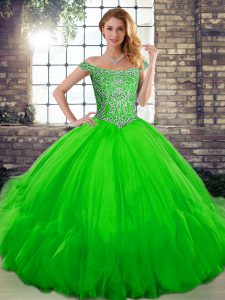 Pretty Off The Shoulder Sleeveless Tulle Vestidos de Quinceanera Beading and Ruffles Lace Up