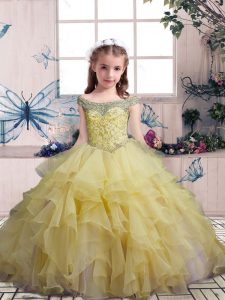 Floor Length Ball Gowns Sleeveless Yellow Child Pageant Dress Lace Up