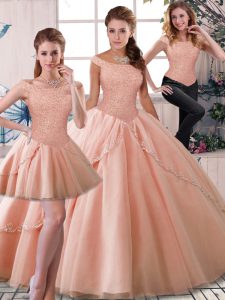 Off The Shoulder Sleeveless Brush Train Lace Up Quinceanera Gown Peach Tulle