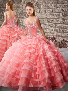 Glittering Watermelon Red Sleeveless Beading and Ruffled Layers Lace Up Ball Gown Prom Dress
