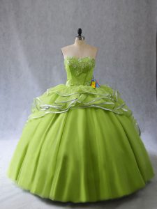 Yellow Green Sweetheart Lace Up Appliques and Ruffles 15 Quinceanera Dress Brush Train Sleeveless