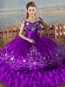 Modest Embroidery and Ruffled Layers Vestidos de Quinceanera Purple Lace Up Sleeveless Floor Length