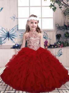 High-neck Sleeveless Lace Up Little Girl Pageant Gowns Red Tulle