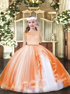 Stunning Scoop Sleeveless Child Pageant Dress Floor Length Lace Orange Tulle
