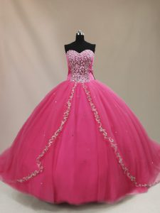 Court Train Ball Gowns Sweet 16 Dress Hot Pink Sweetheart Tulle Sleeveless Lace Up